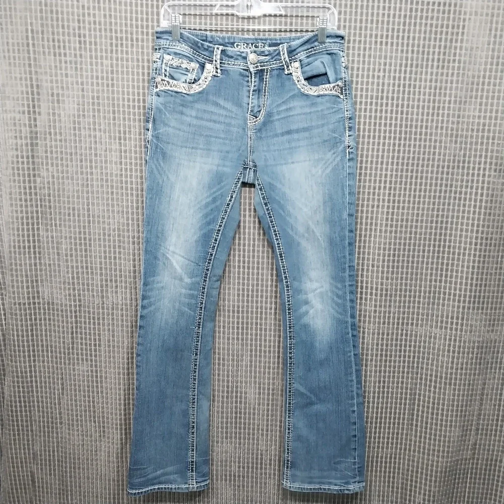 Grace in LA Jeans Women Bootcut Distressed Stretch Denim 30 Blue